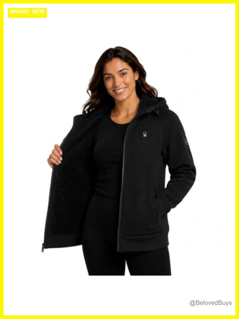 Sherpa fleece zip-up hoodie jacket with waffle knit outer